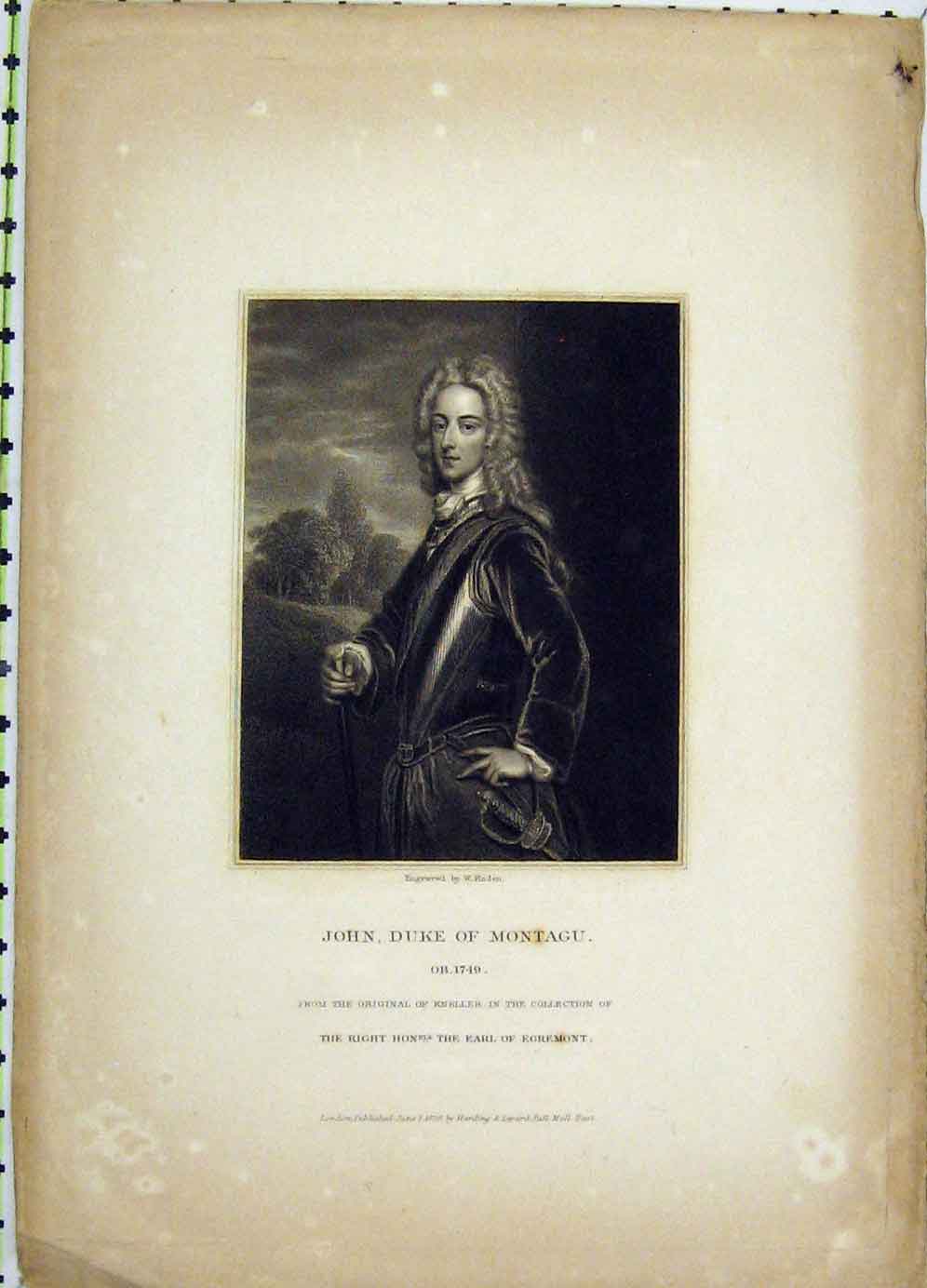 Original Old Antique Print 1829 Portrait John Duke Montagu Finden 19th Century