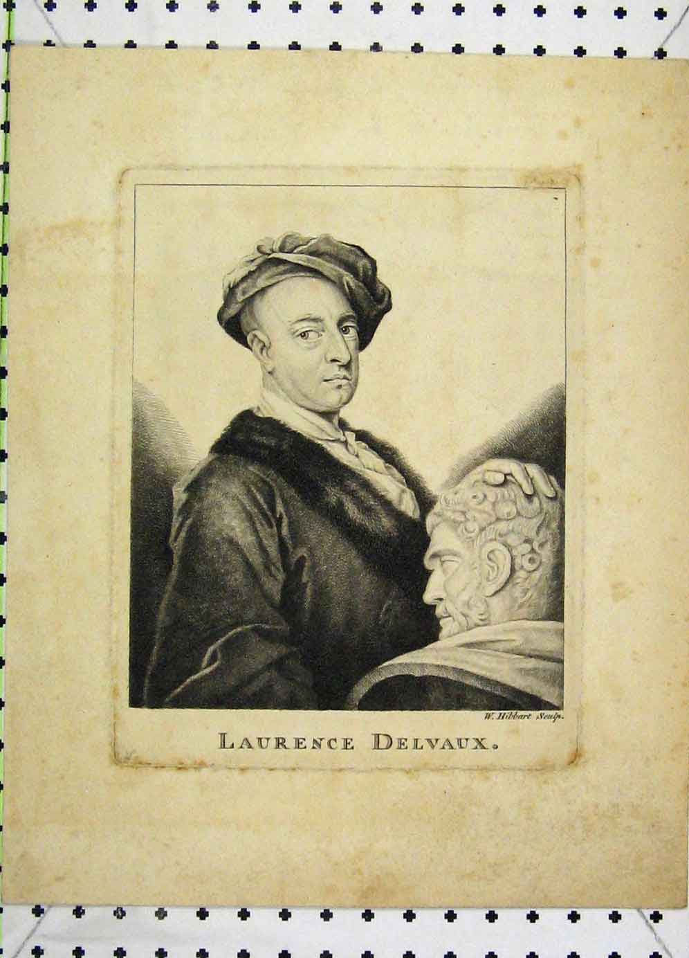 Original Old Antique Print Portrait Laurence Delvaux Hibbart