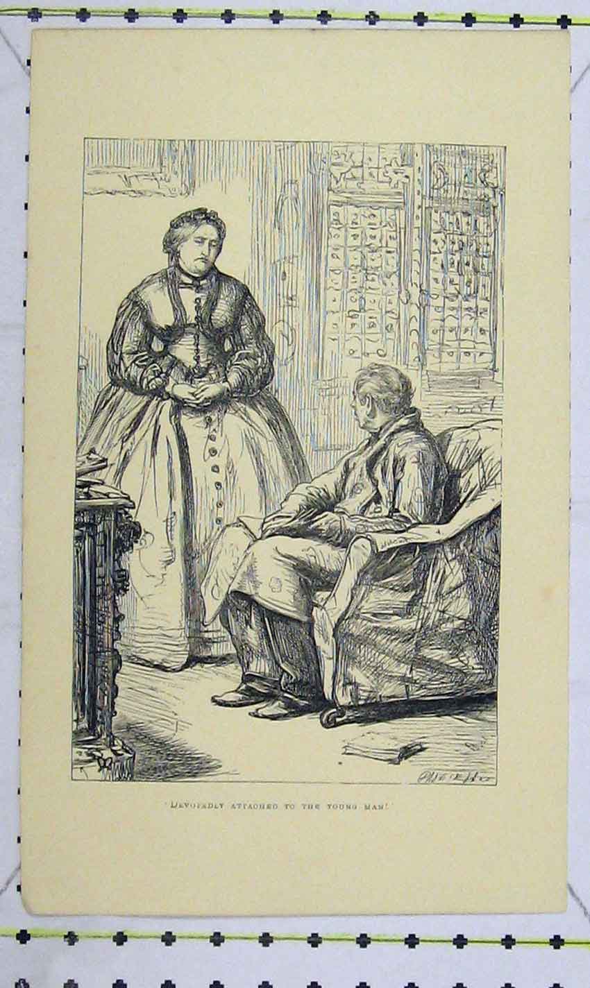 Original Old Antique Print 1863 Scene House Man Woman Chair 19th