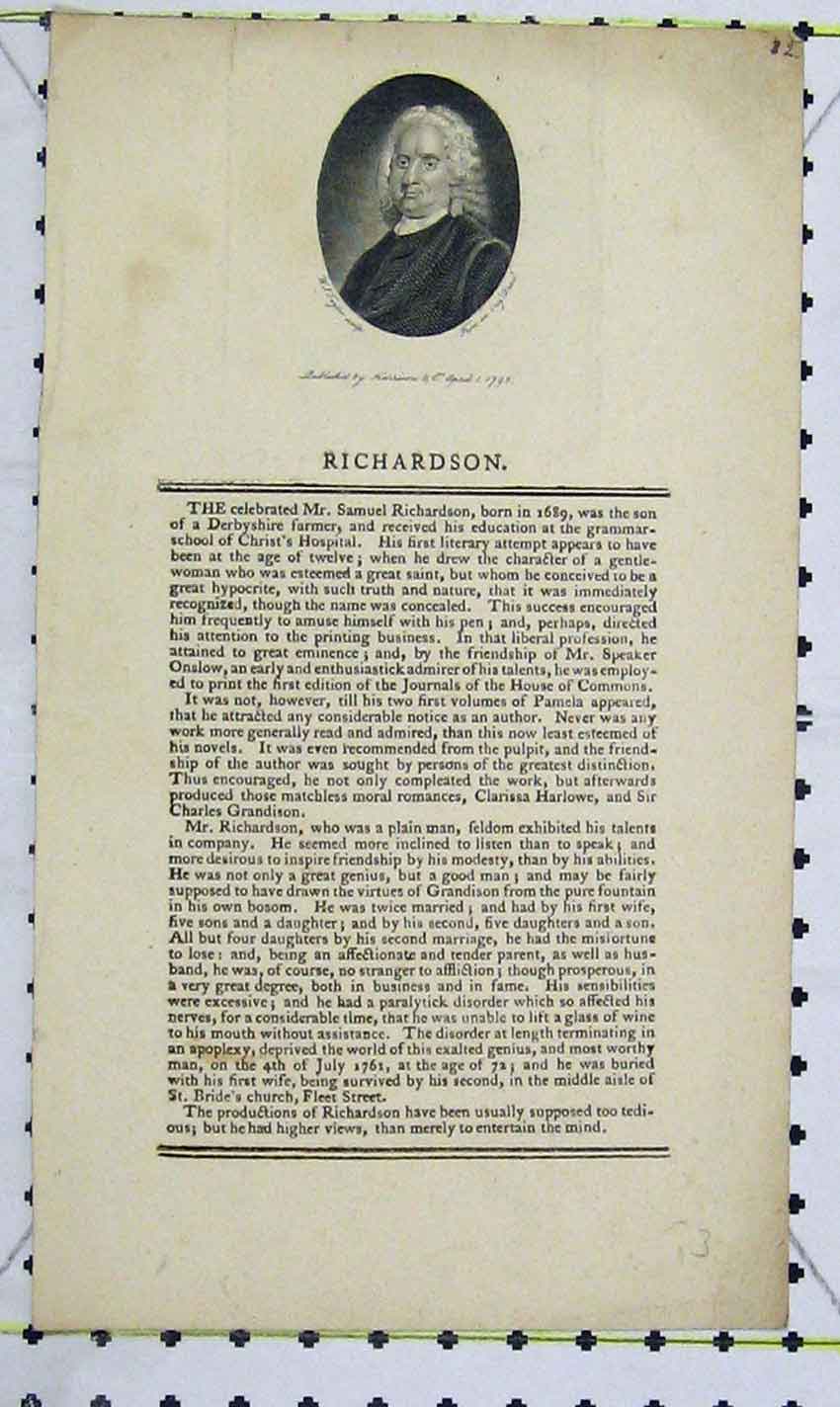 Original Old Antique Print 1795 Portrait Richardson Author 18th Century