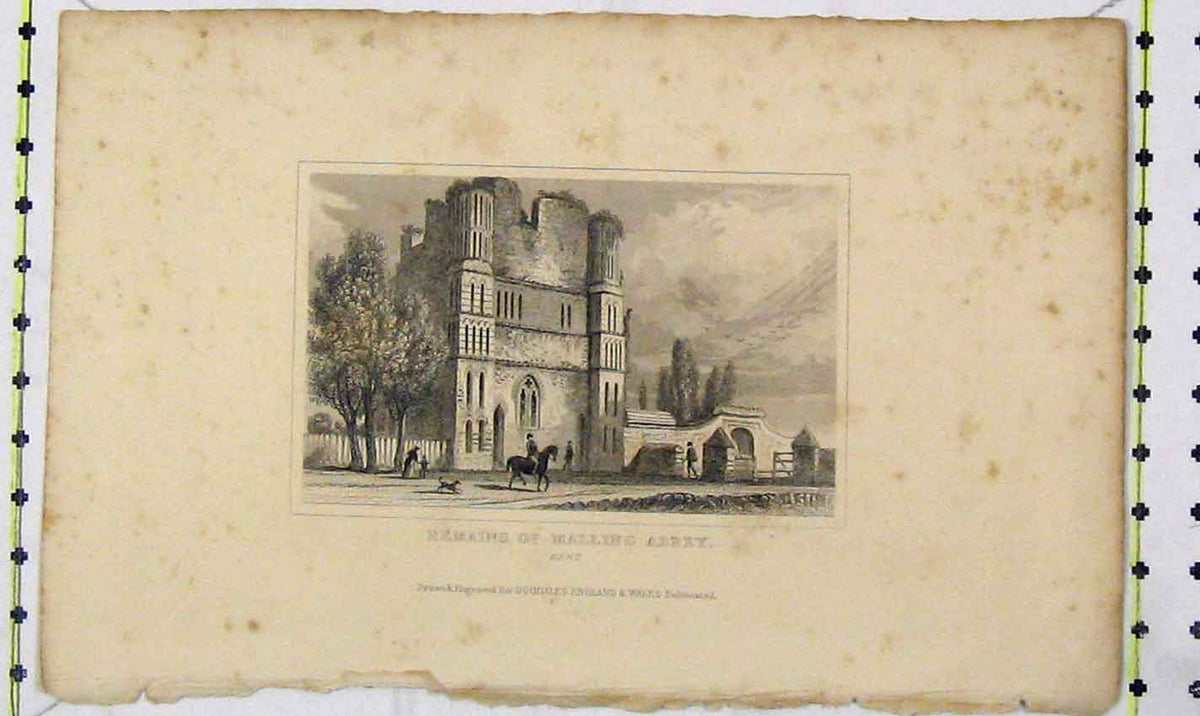 Original Old Antique Print Dugdales View Remains Malling Abbey Kent Church