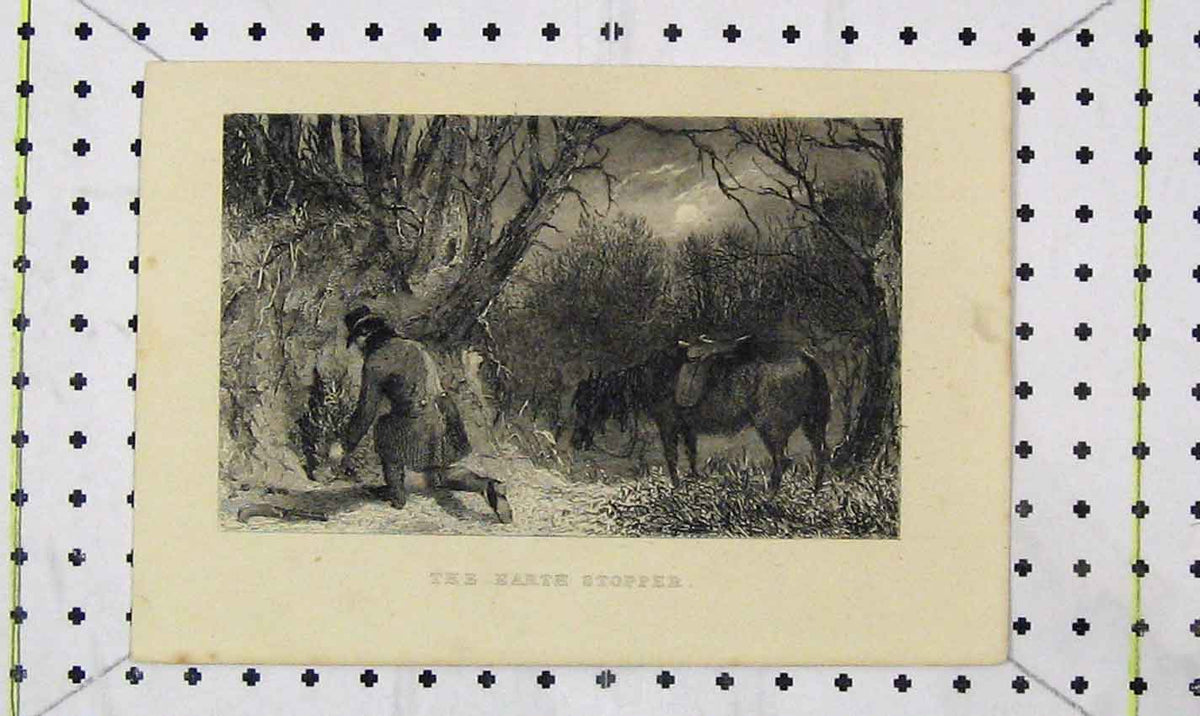 Original Old Antique Print Earth Stopper Man Digging Horse Country