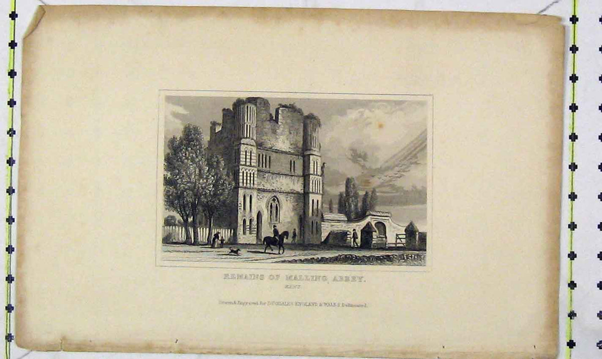Original Old Antique Print View Remains Malling Abbey Kent Dugdales