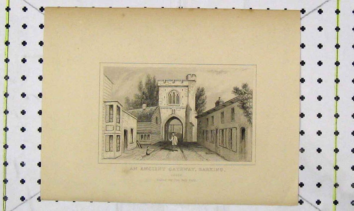 Original Old Antique Print View Ancient Gateway Barking Essex Fire Bell Gate