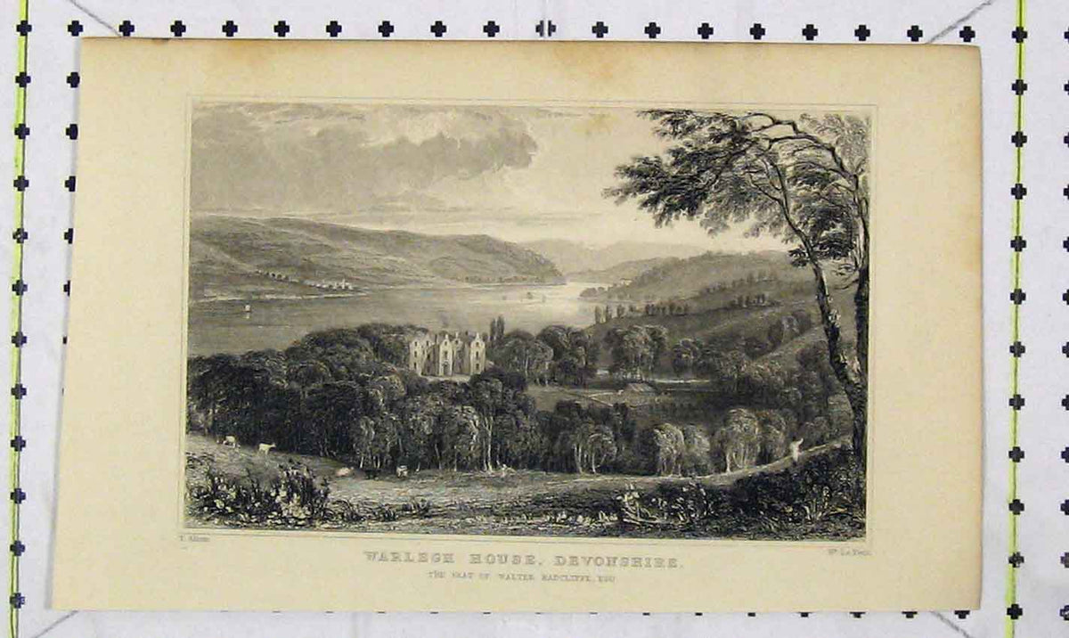 Original Old Antique Print View Warlegh House Devonshire Walter Radcliffe Petit