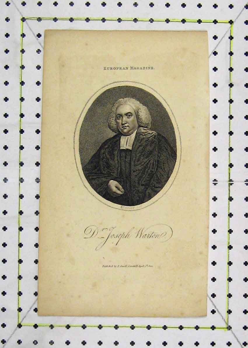 Original Old Antique Print 1800 Portrait Dr Joseph Warton Sewell 19th Century