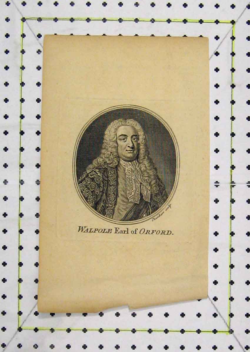 Original Old Antique Print Portrait Walpole Earl Orford Chambars