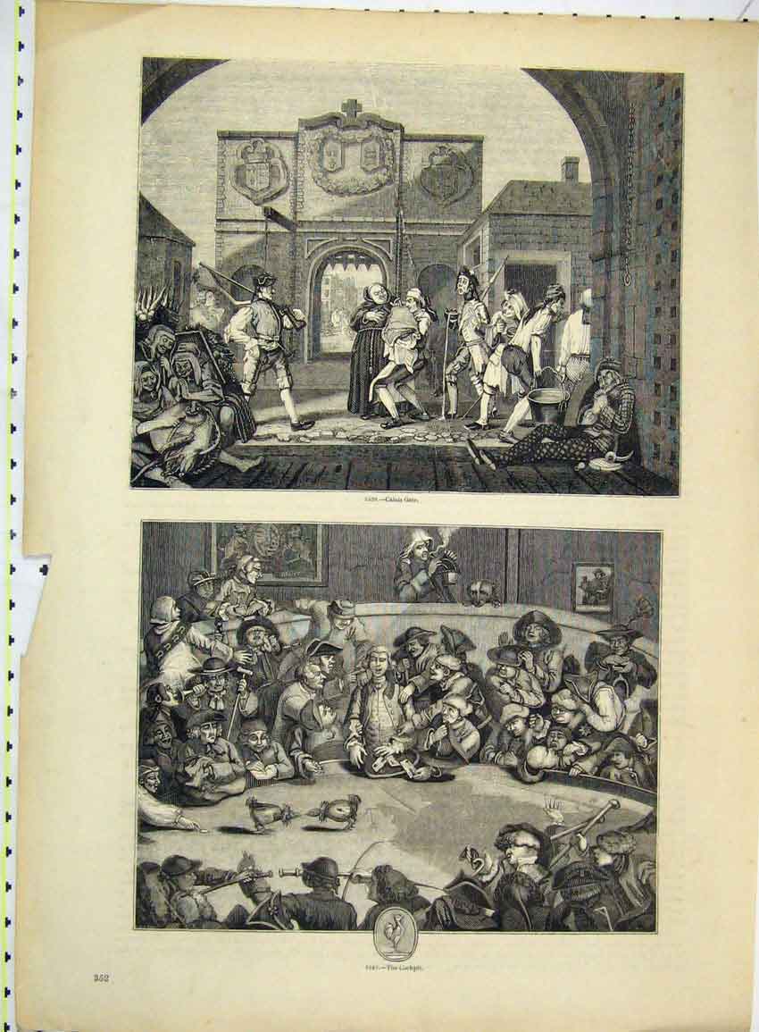 Original Old Antique Print Scene Calais Gate Cockpit Fighting Birds