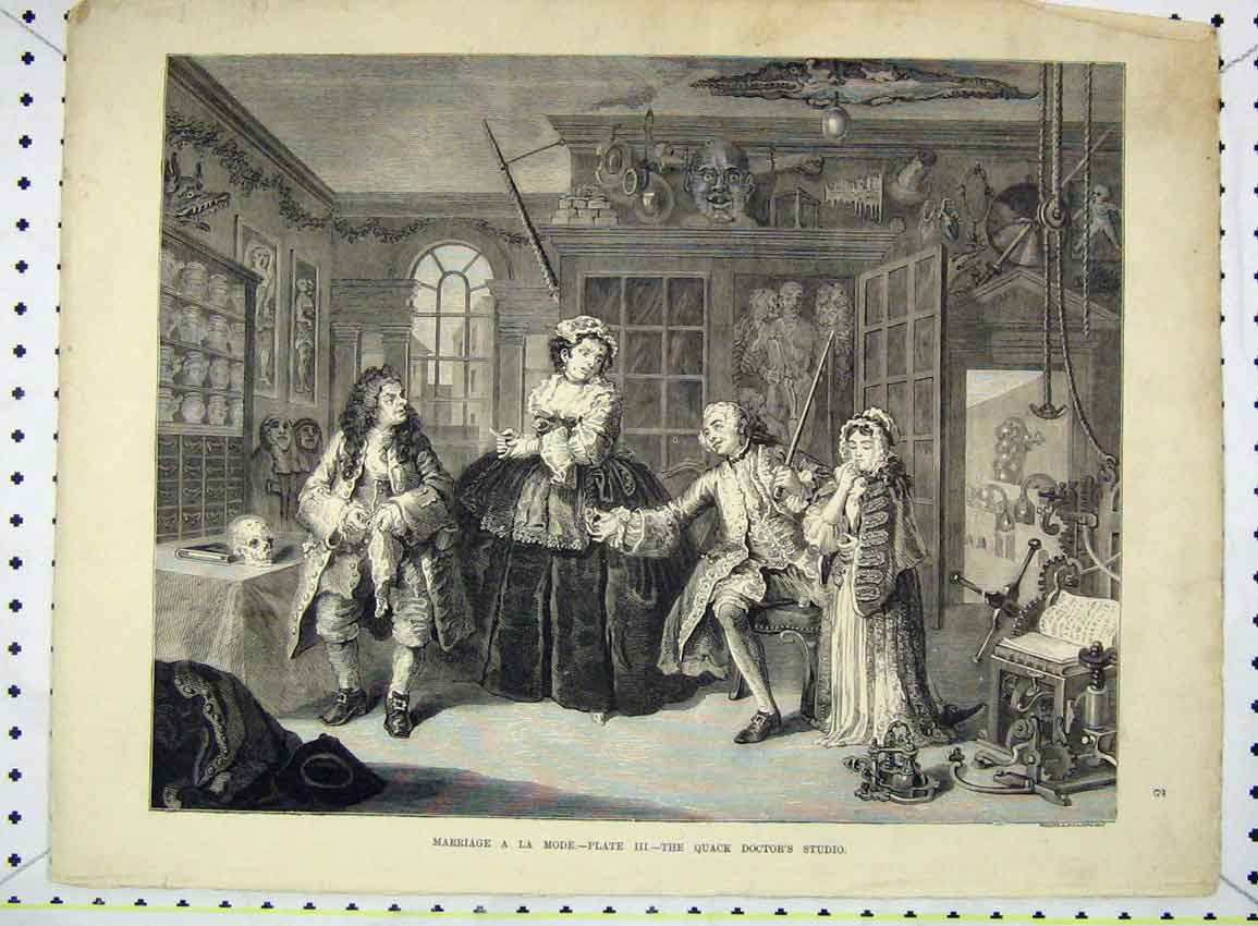 Original Old Antique Print Scene Marriage A La Mode Quack Doctor'S Studio