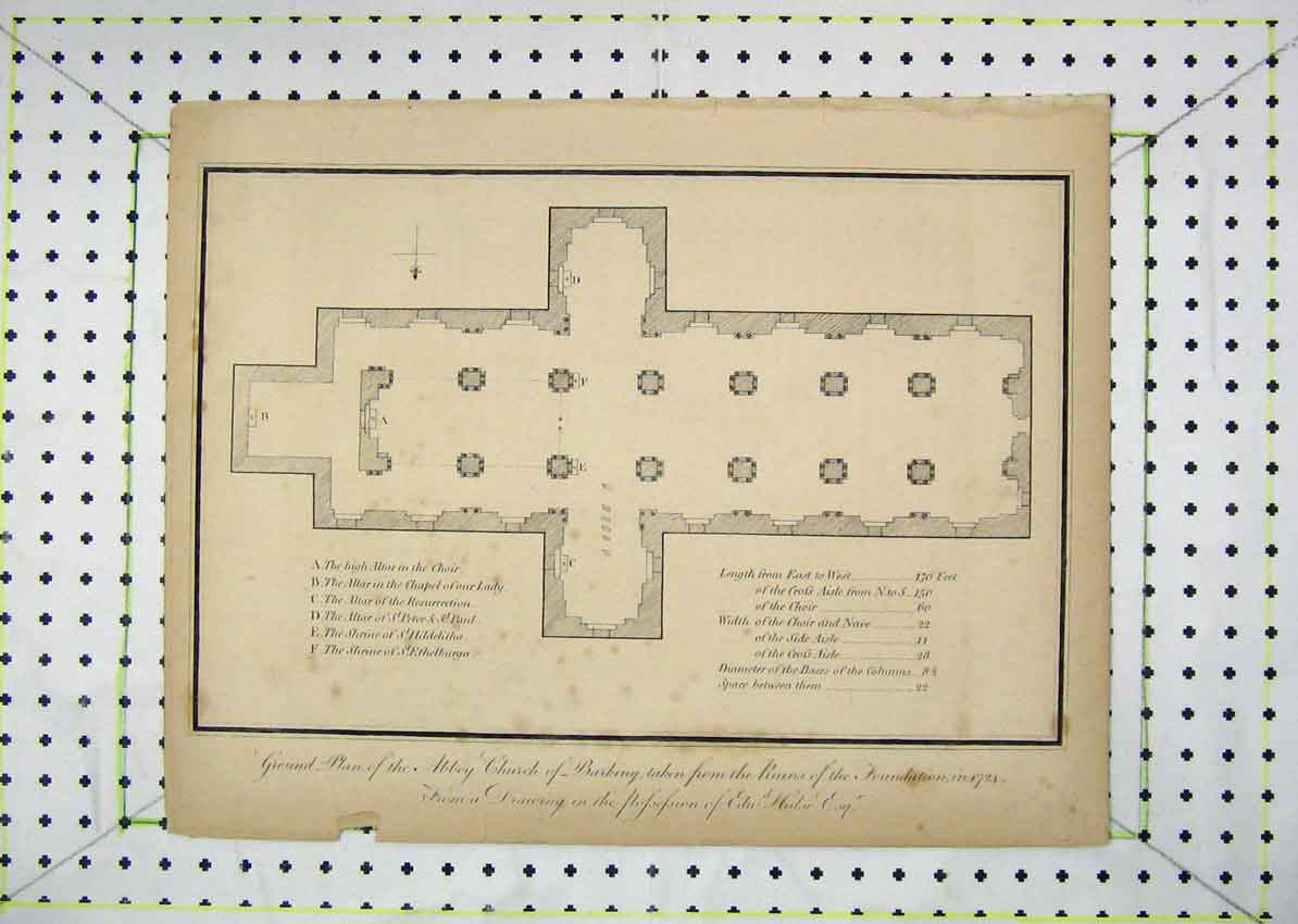 Old Antique Print 1724 Ground Plan Abbey Church Berking Ruins Foundation