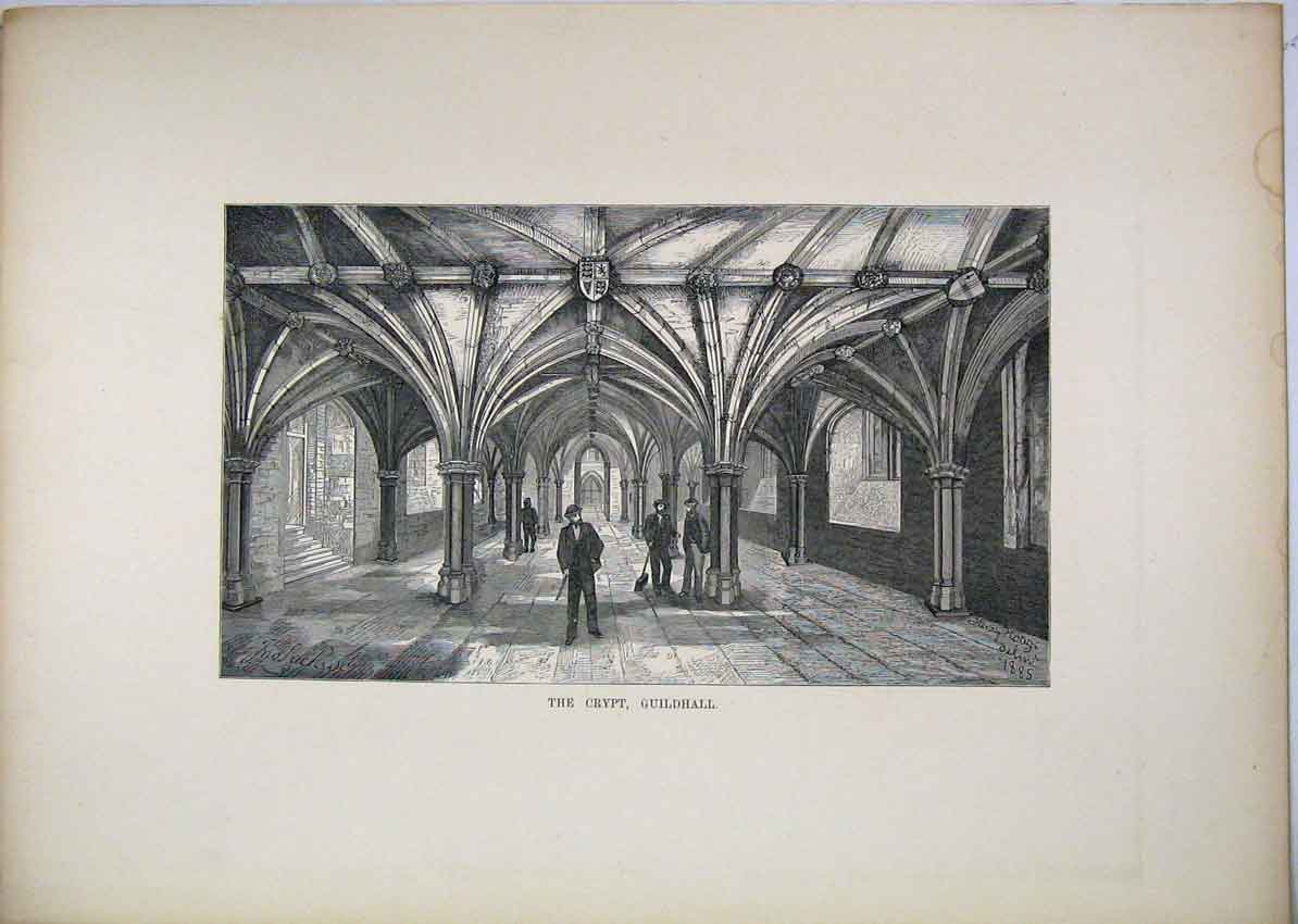 Original Old Antique Print View Crypt Guildhall London Men Working