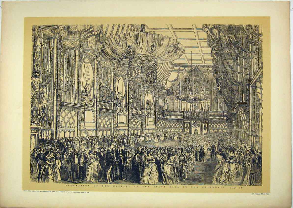Original Old Antique Print 1851 Procession Queen State Ball Guildhall Dance