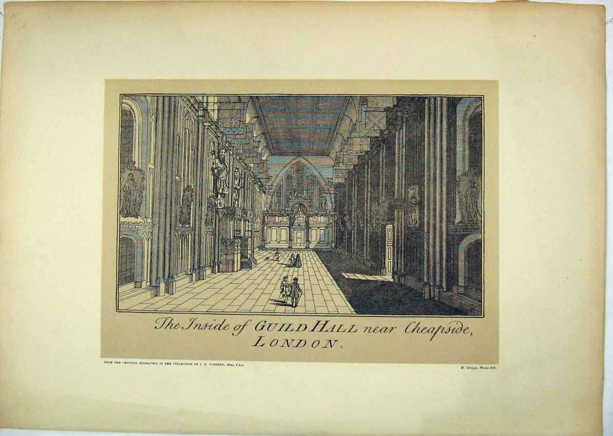 Original Old Antique Print Interior View Guildhall Cheapside London
