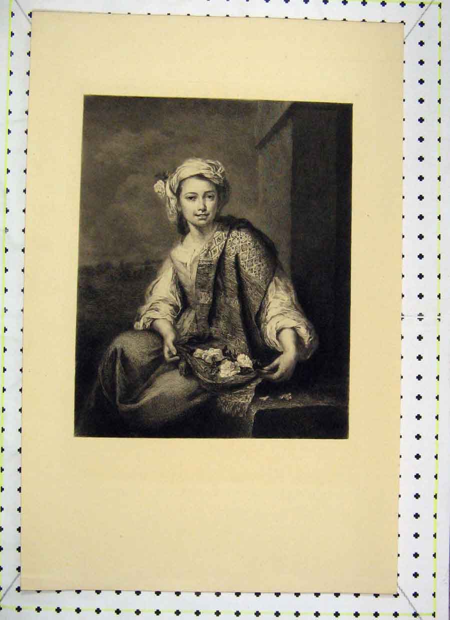 Original Old Antique Print Beautiful Young Woman Basket Flowers