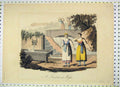 Original Old Antique Print Colour Scene Fountain Masso Montserrat Women