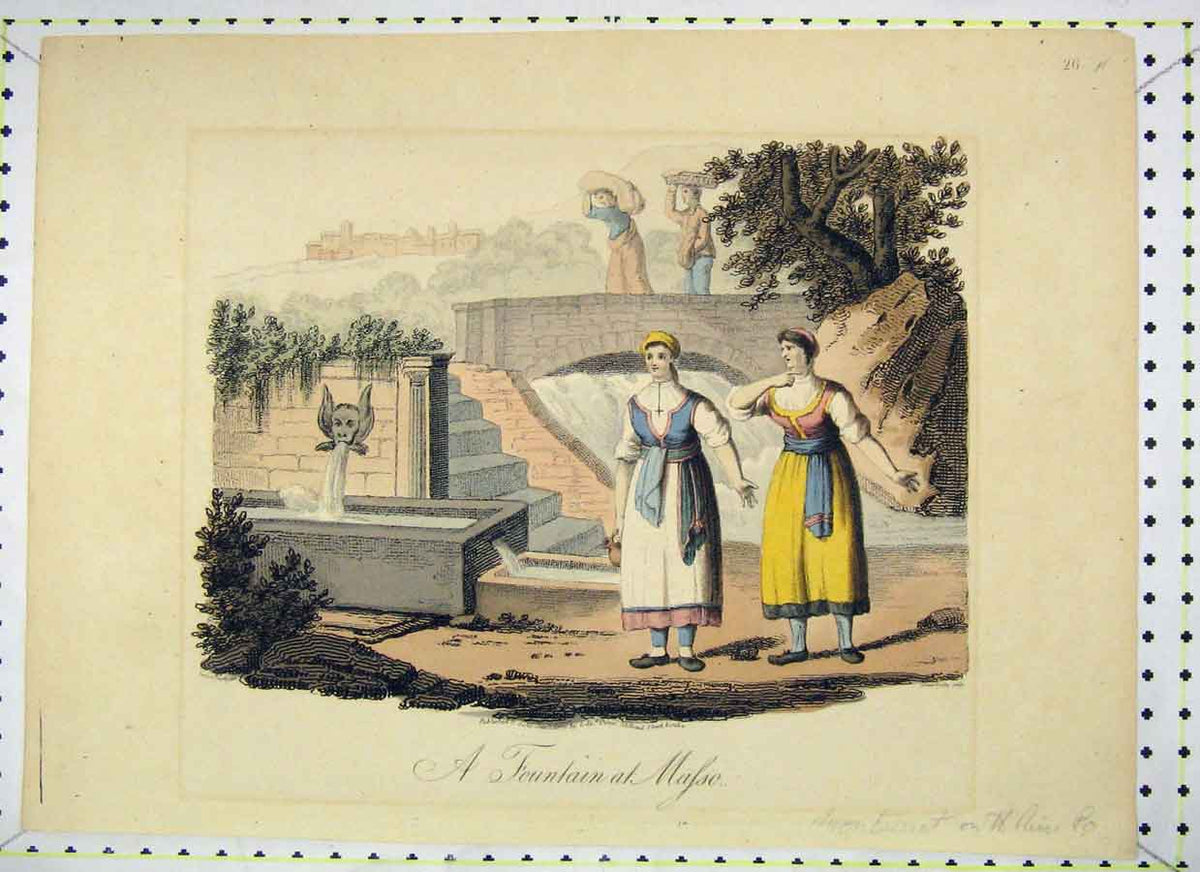 Original Old Antique Print Colour Scene Fountain Masso Montserrat Women