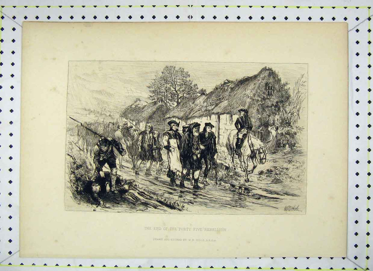 Original Old Antique Print Village Scene End Forty Five Rebellion