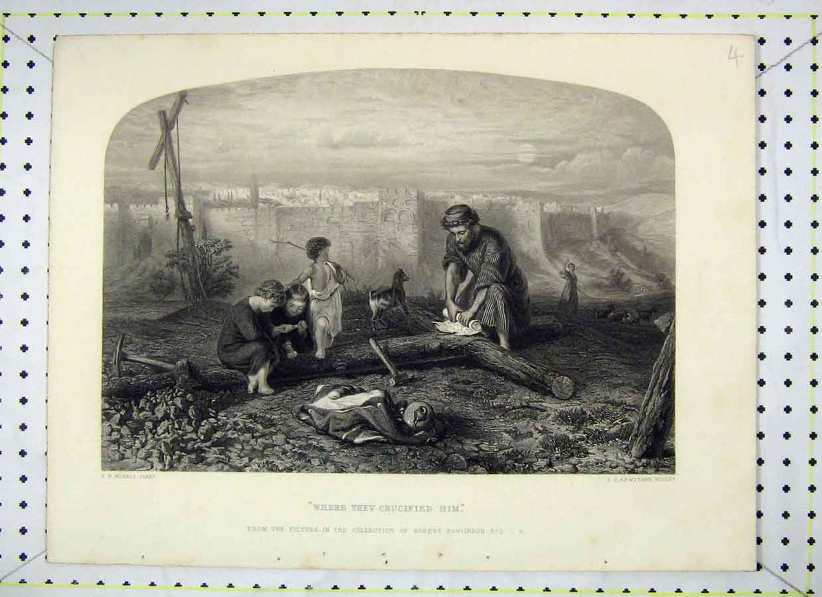 Original Old Antique Print Children Playing Man Crucified Armytage