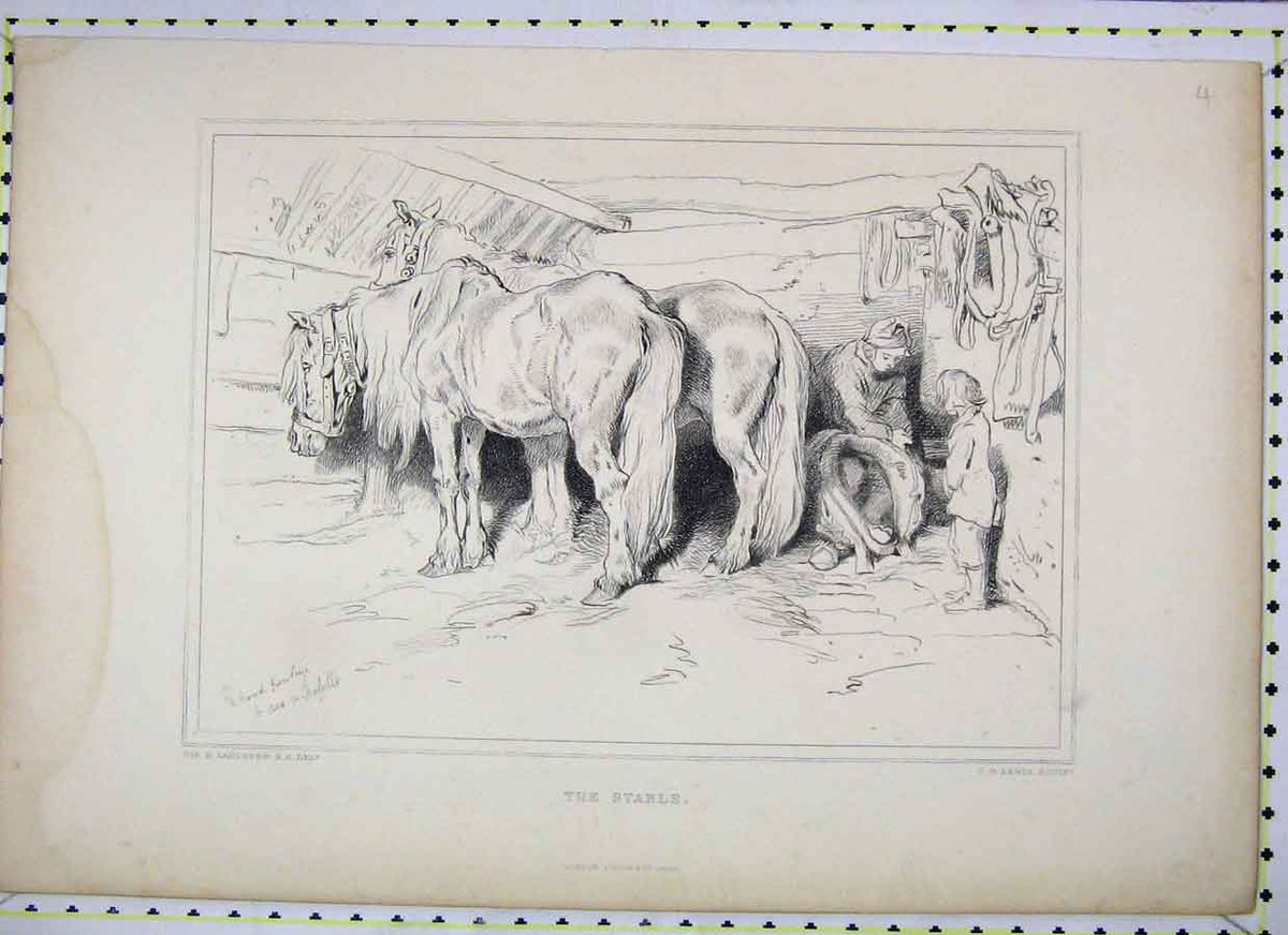 Original Old Antique Print Sketch Stable Horses Lewis Engraving