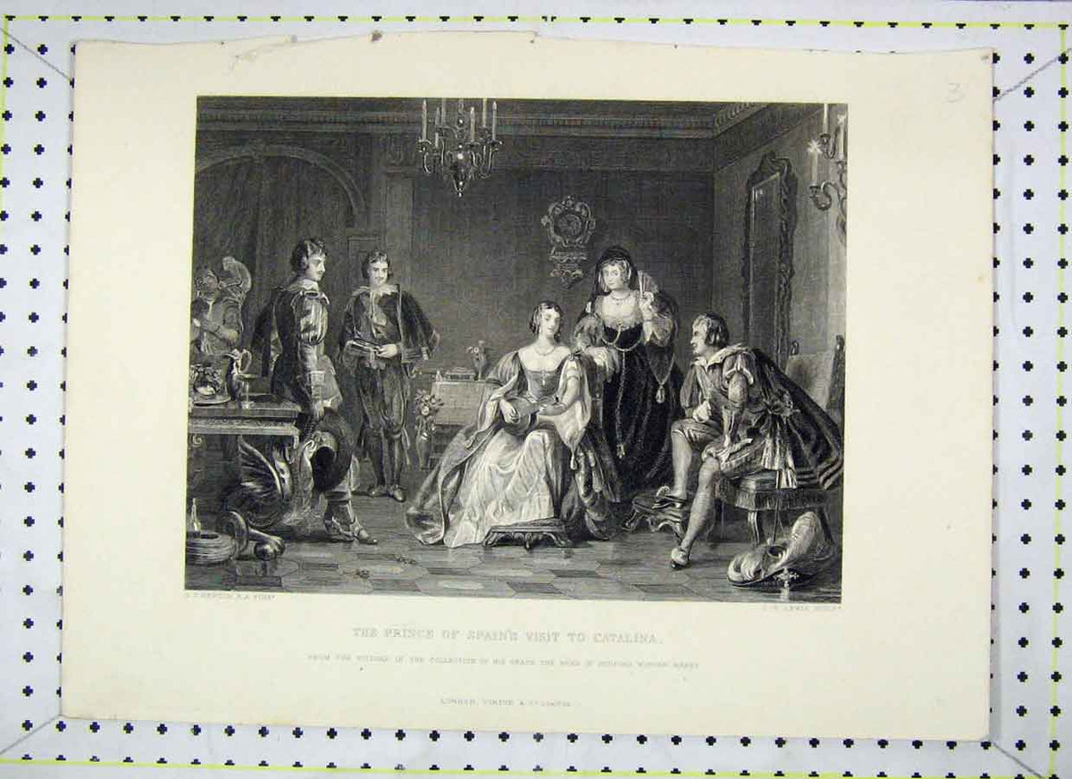 Original Old Antique Print Scene Prince Spain Visit Catalina Lewis Engraving