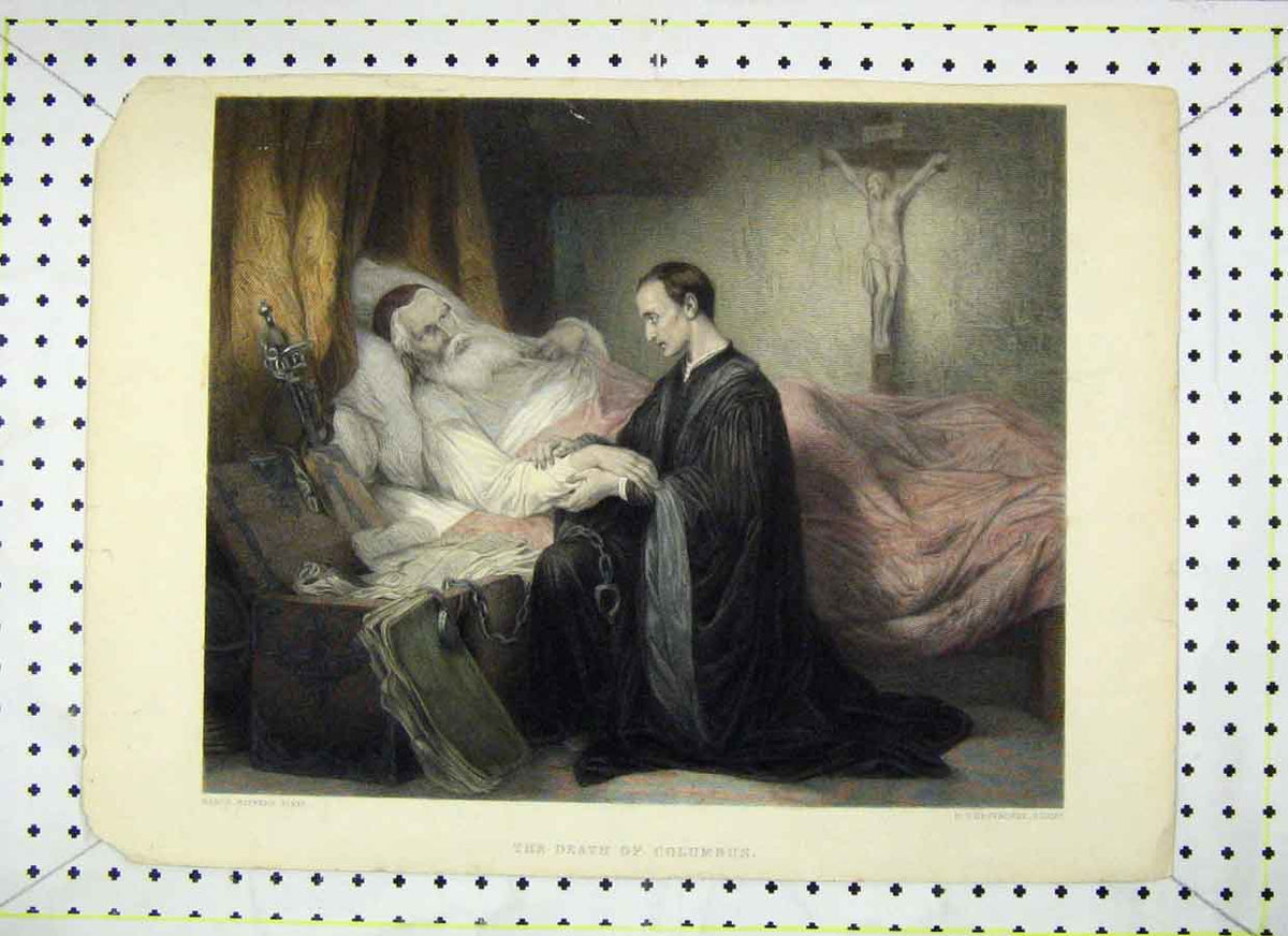 Original Old Antique Print Colour Scene Death Columbus Desvachez