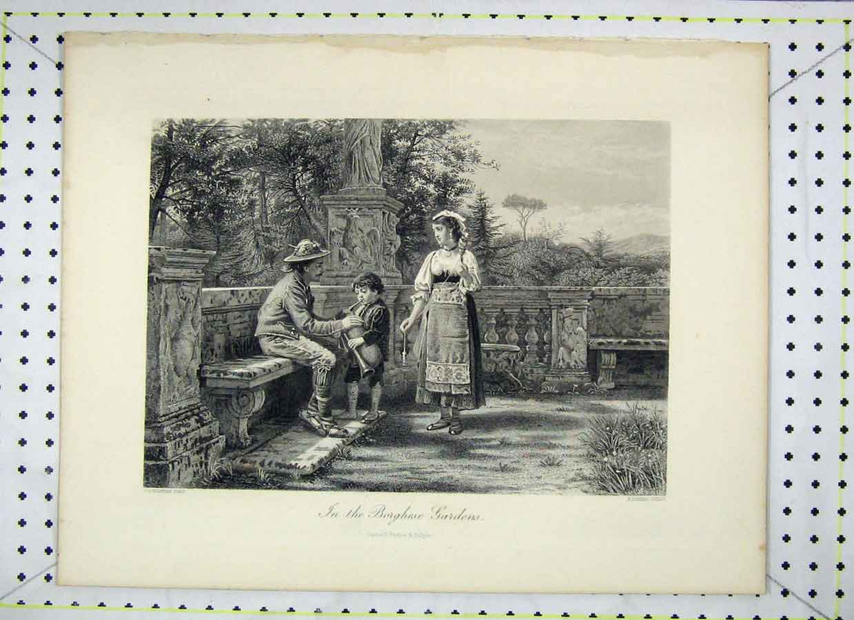 Original Old Antique Print Scene Borghese Garden Engraving Joubert