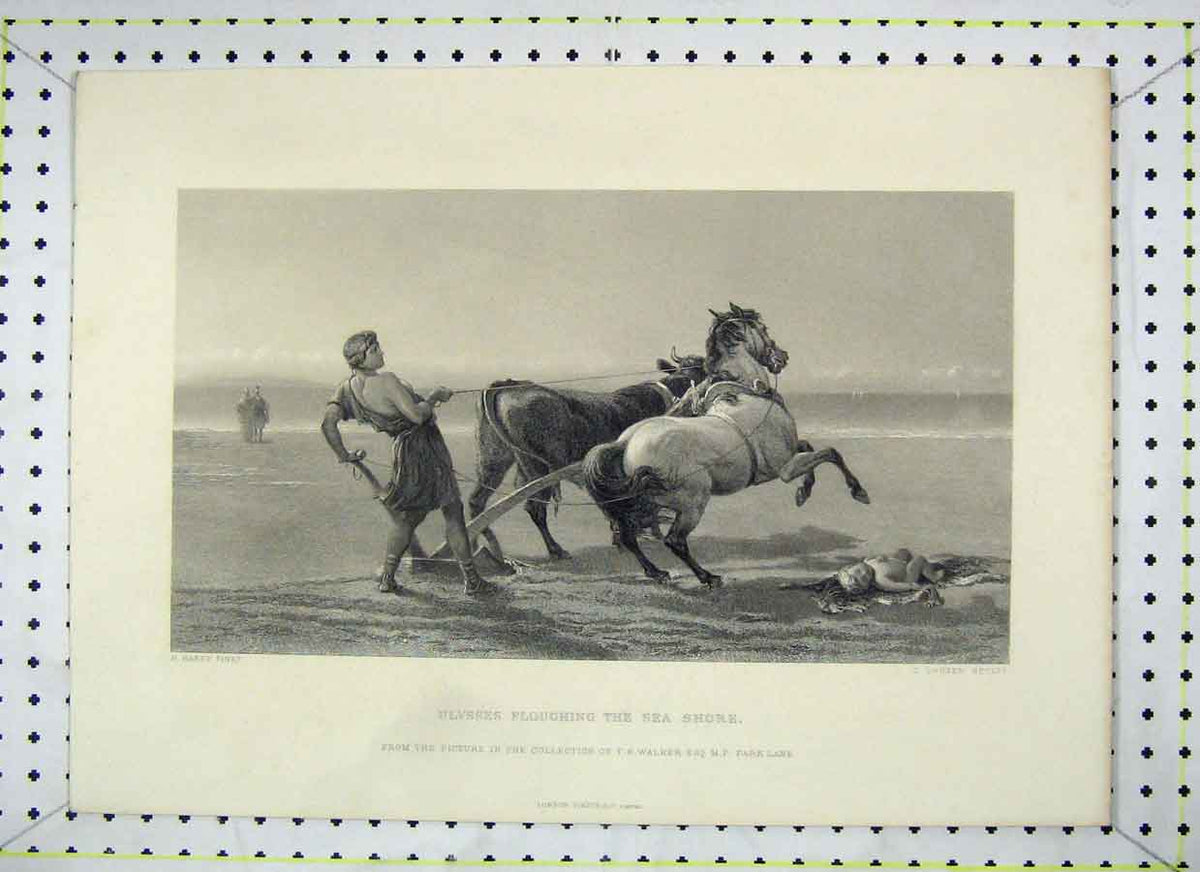 Original Old Antique Print Ulysses Ploughing Sea Shore Cousen Walker