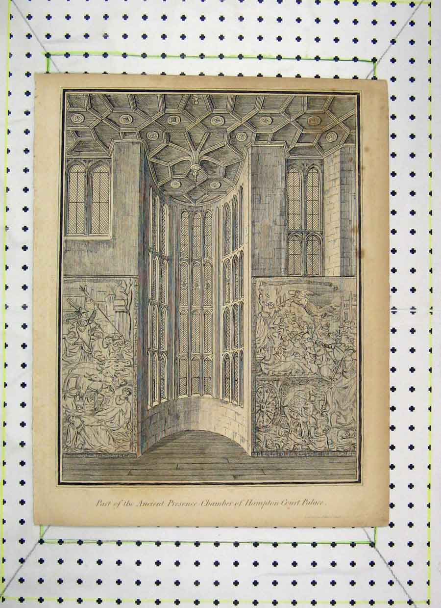 Original Old Antique Print Part Ancient Presence-Chamber Hampton-Court Palace