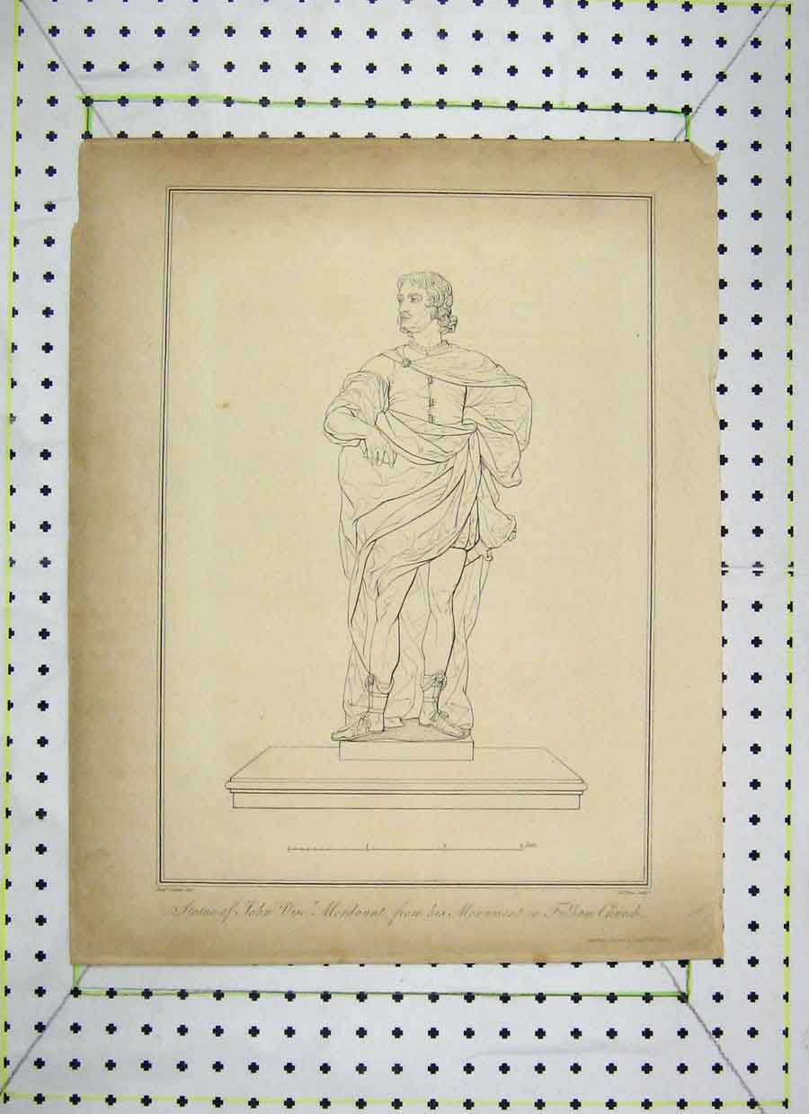 Original Old Antique Print Statue John Viscount Mordaunt Monument Fulham Church