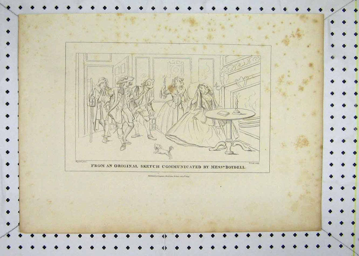 Original Old Antique Print 1809 Men Women Sketch House Scene Boydell Cook 19th