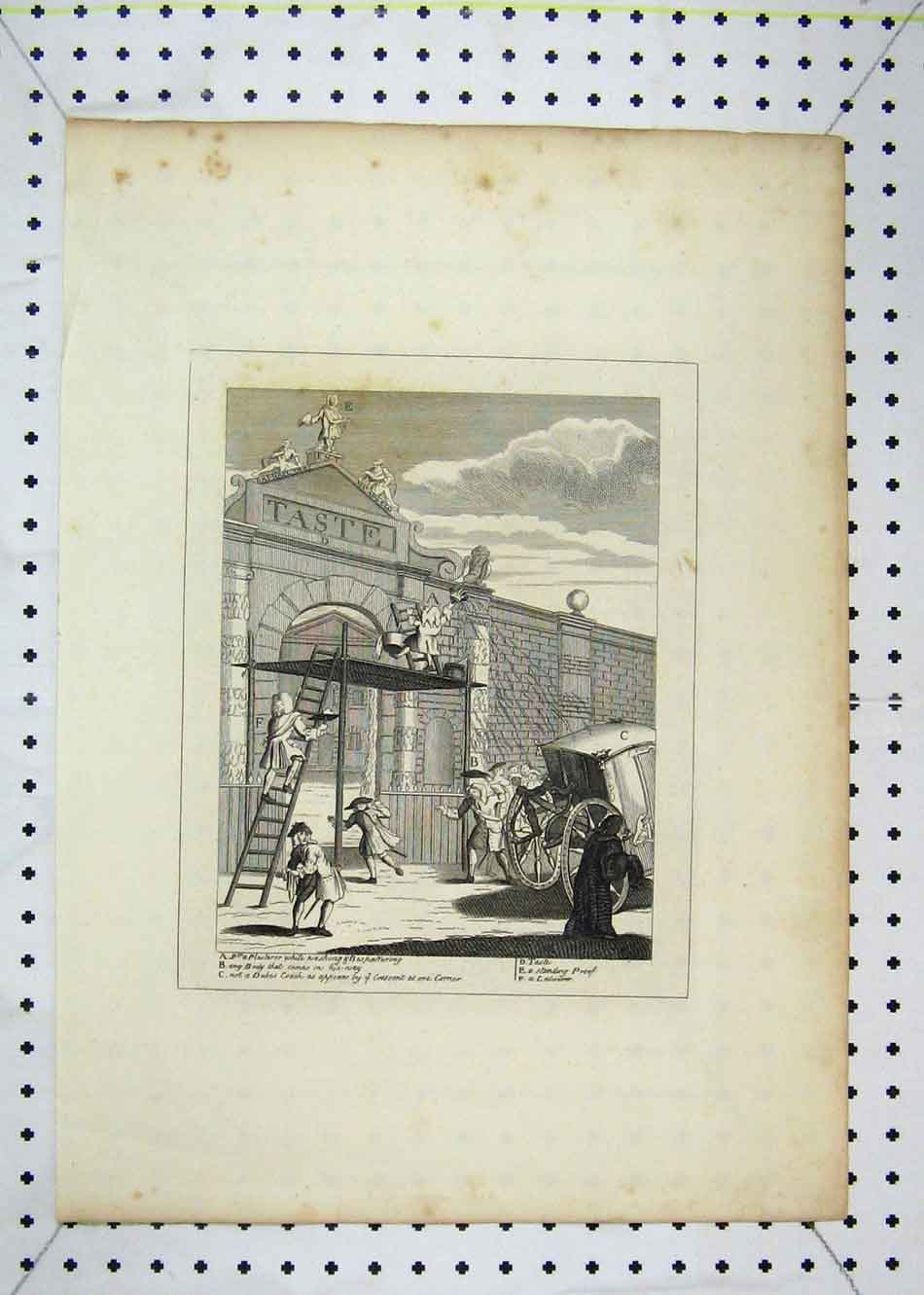 Original Old Antique Print Man Whitewashing Castle Wall Dukes Coach