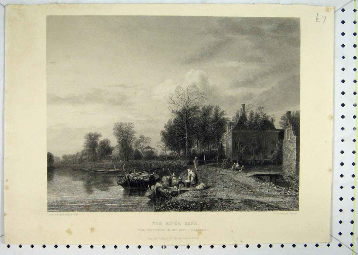 Original Old Antique Print View River Bank Boats Country Outhwaite