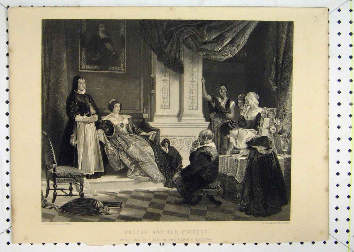 Original Old Antique Print Scene Sancho Duchess Romance Staines