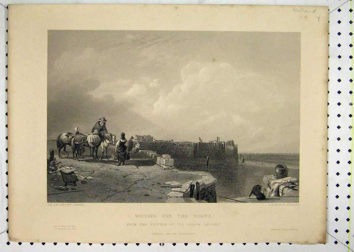 Original Old Antique Print Harbour Scene Waiting Boats Kernot
