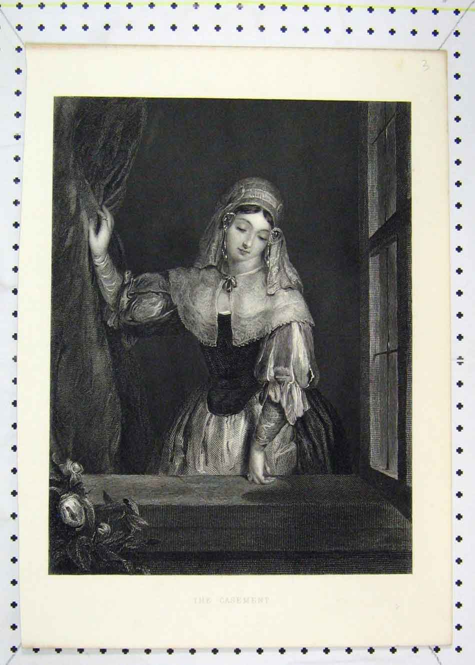 Original Old Antique Print Beautiful Young Window Gazing Window 18th Century