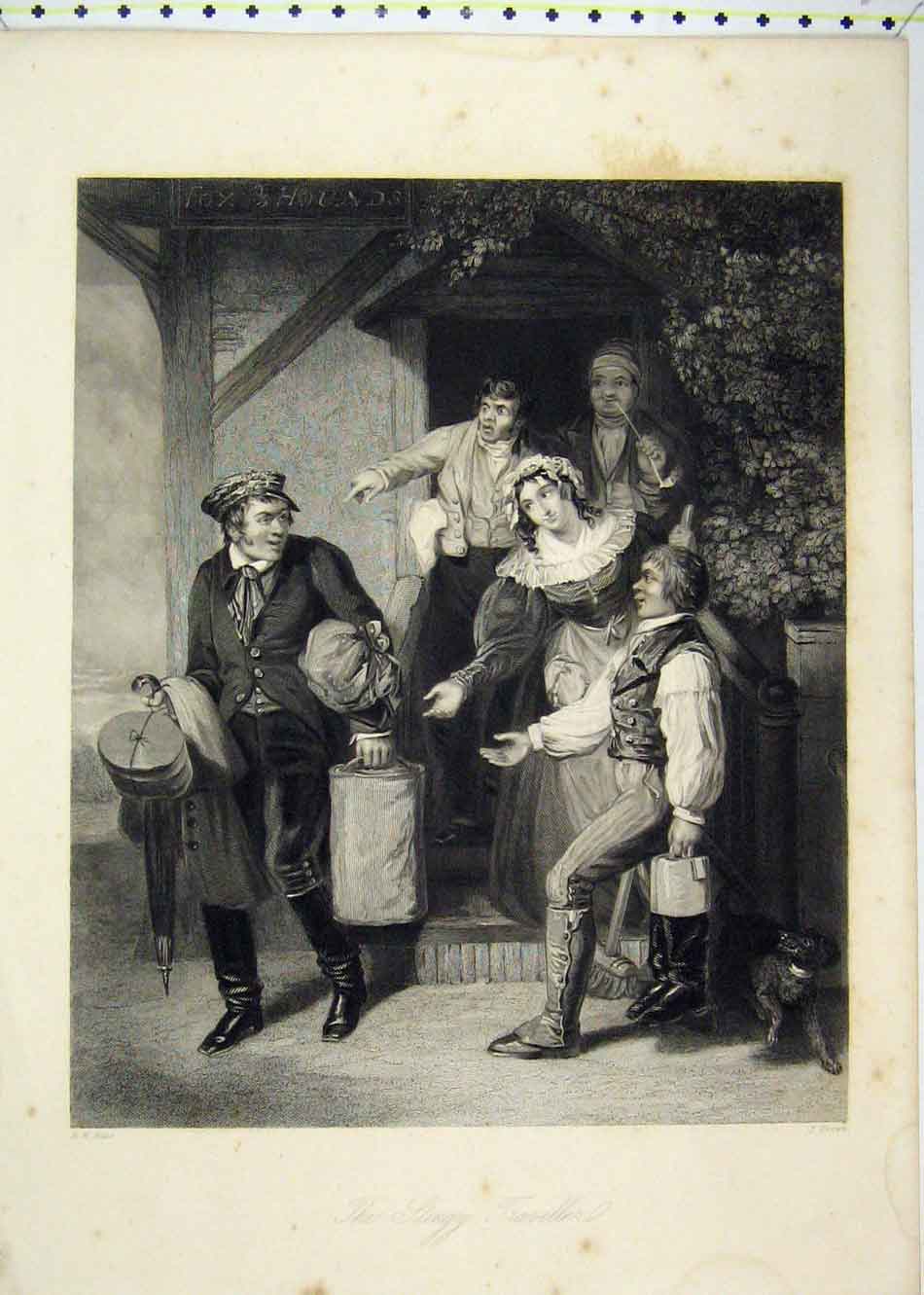 Original Old Antique Print View Stingy Traveller Family Begging Napoleonic Era