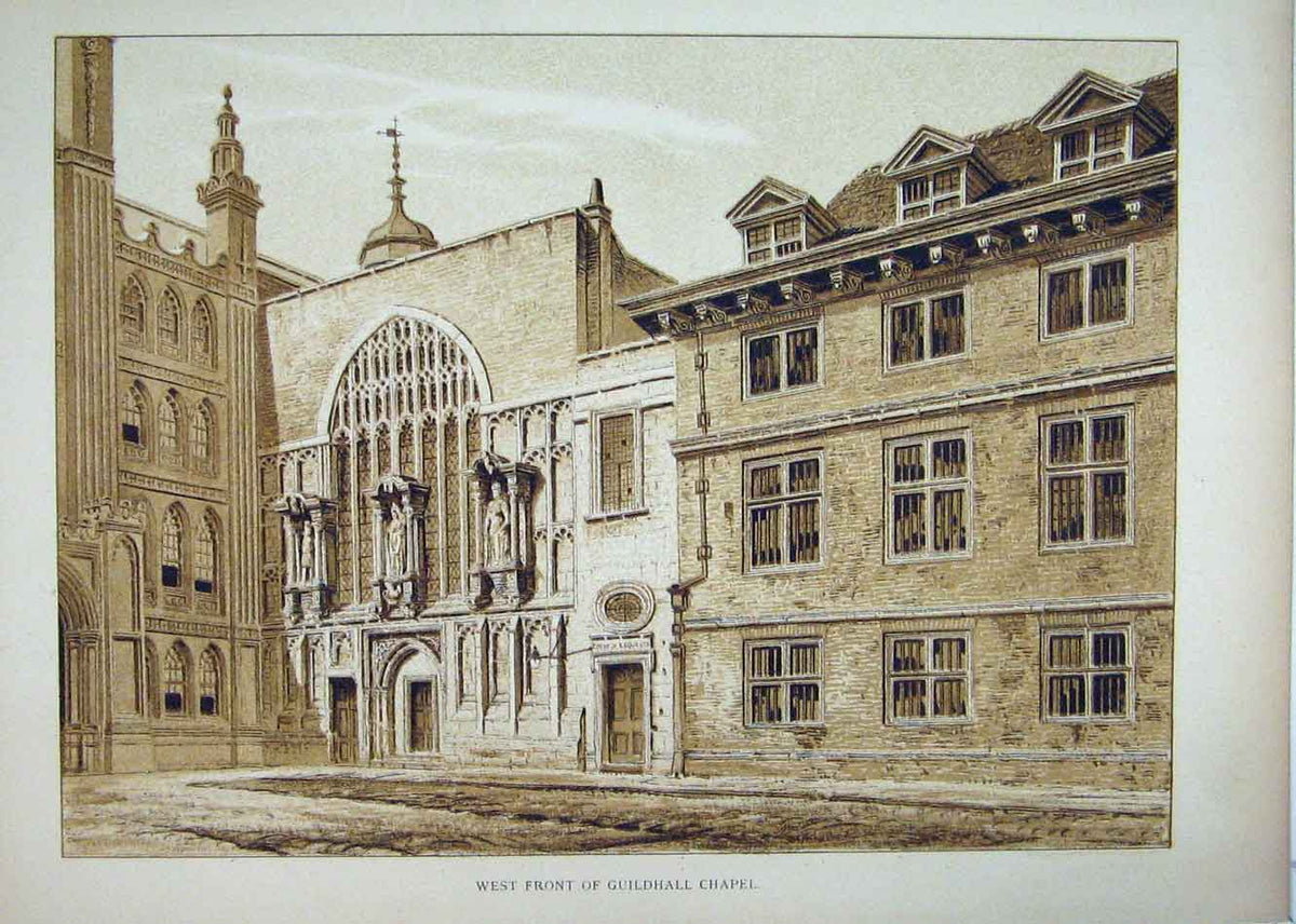 Original Old Antique Print View West Front Guildhall Chapel 1827 19th Century