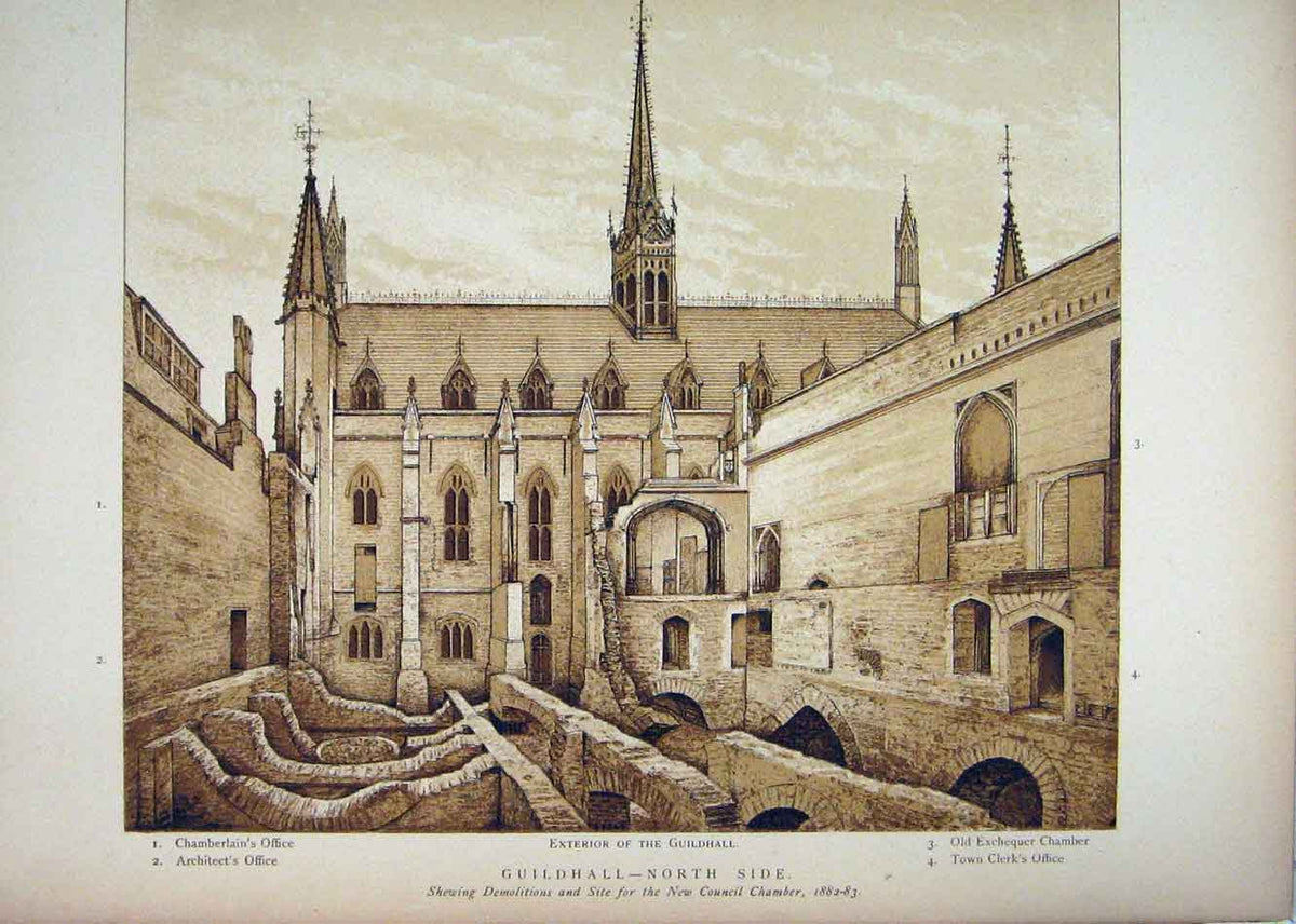 Original Old Antique Print 1882 View Exterior Guildhall North Side Victorian