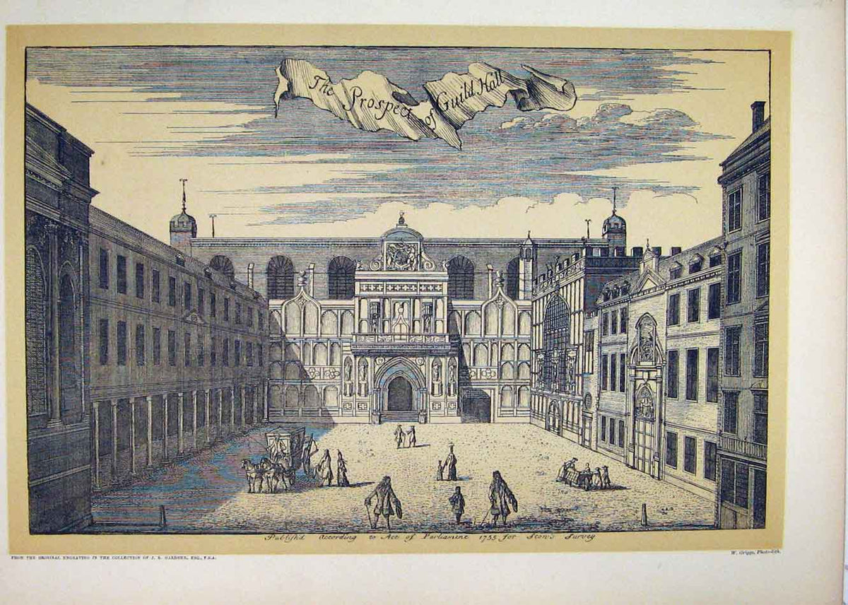 Original Old Antique Print 1755 Exterior Prospect Guildhall Griggs