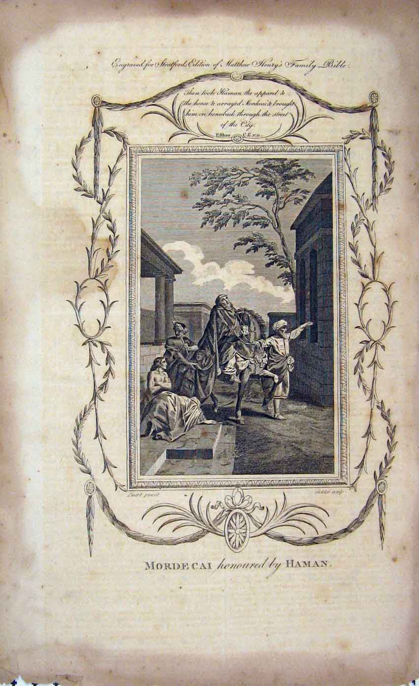 Original Old Antique Print C1750 Scene Mordecai Honoured Haman Matthew Henry