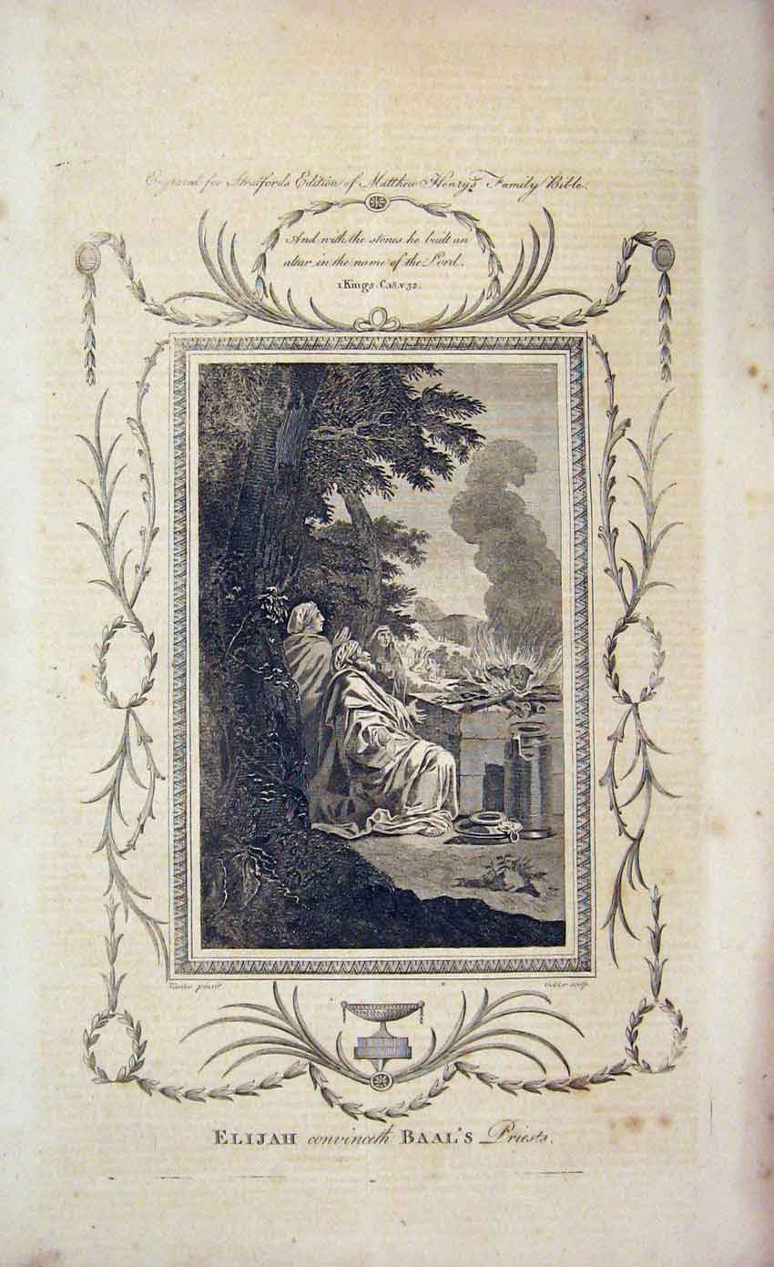 Old Antique Print C1750 Scene Elijah Baal'S Priests Matthew Henry Bible