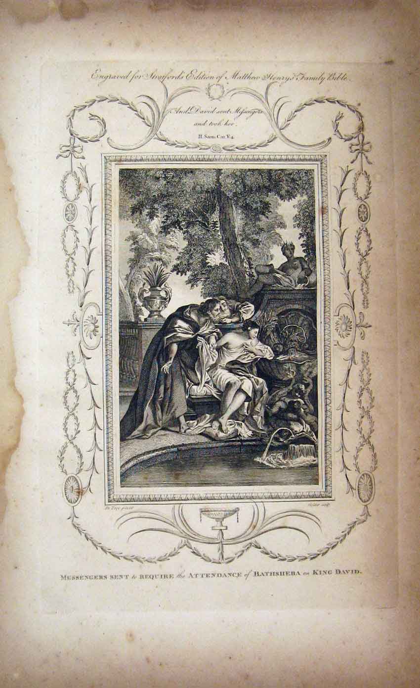 Original Old Antique Print Matthew Henry Messenger Bathsheba King David C1750