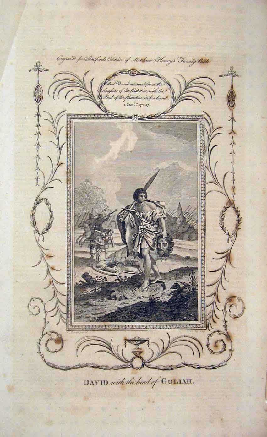 Old Antique Print Matthew Henry Scene David Head Goliah Testement C1750