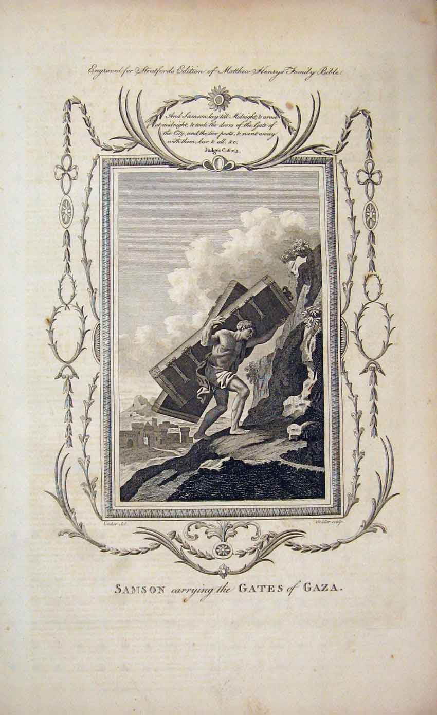 Original Old Antique Print Scene Samson Carrying Gates Gaza Matthew Henry C1750