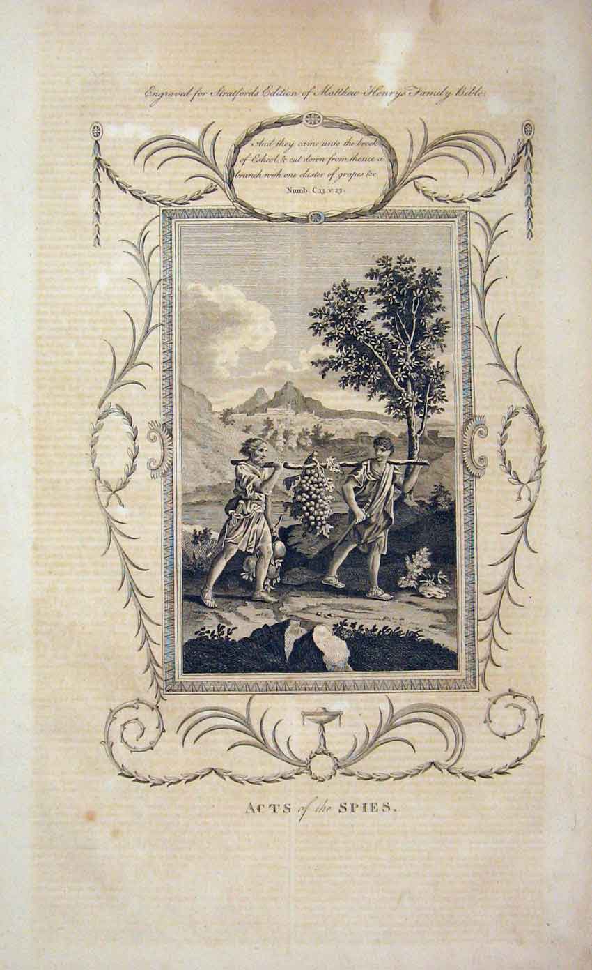 Original Old Antique Print Matthew Henry Bible Scene Acts Spies C1750 Testement