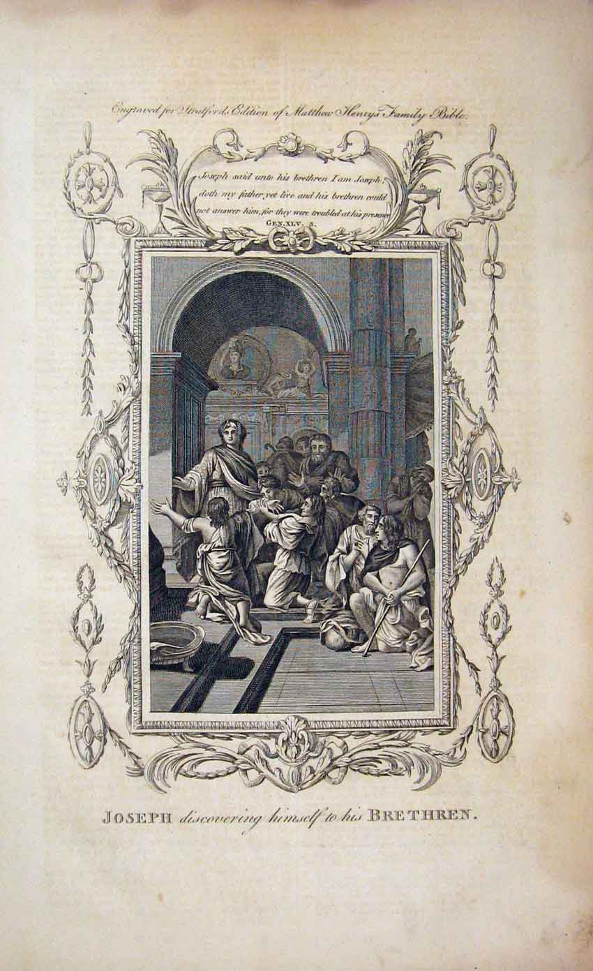 Old Antique Print C1750 Matthew Henry Bible Joseph Discovering Brethren