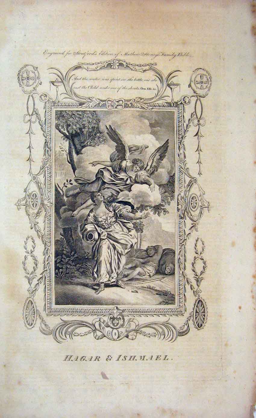 Old Antique Print Matthew Henry Bible C1750 Scene Hagar Ishmael Testement