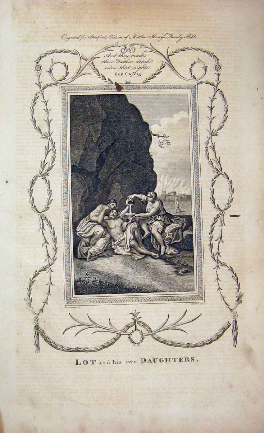 Old Antique Print Matthew Henry Bible C1750 Scene Lot Daughters Testement