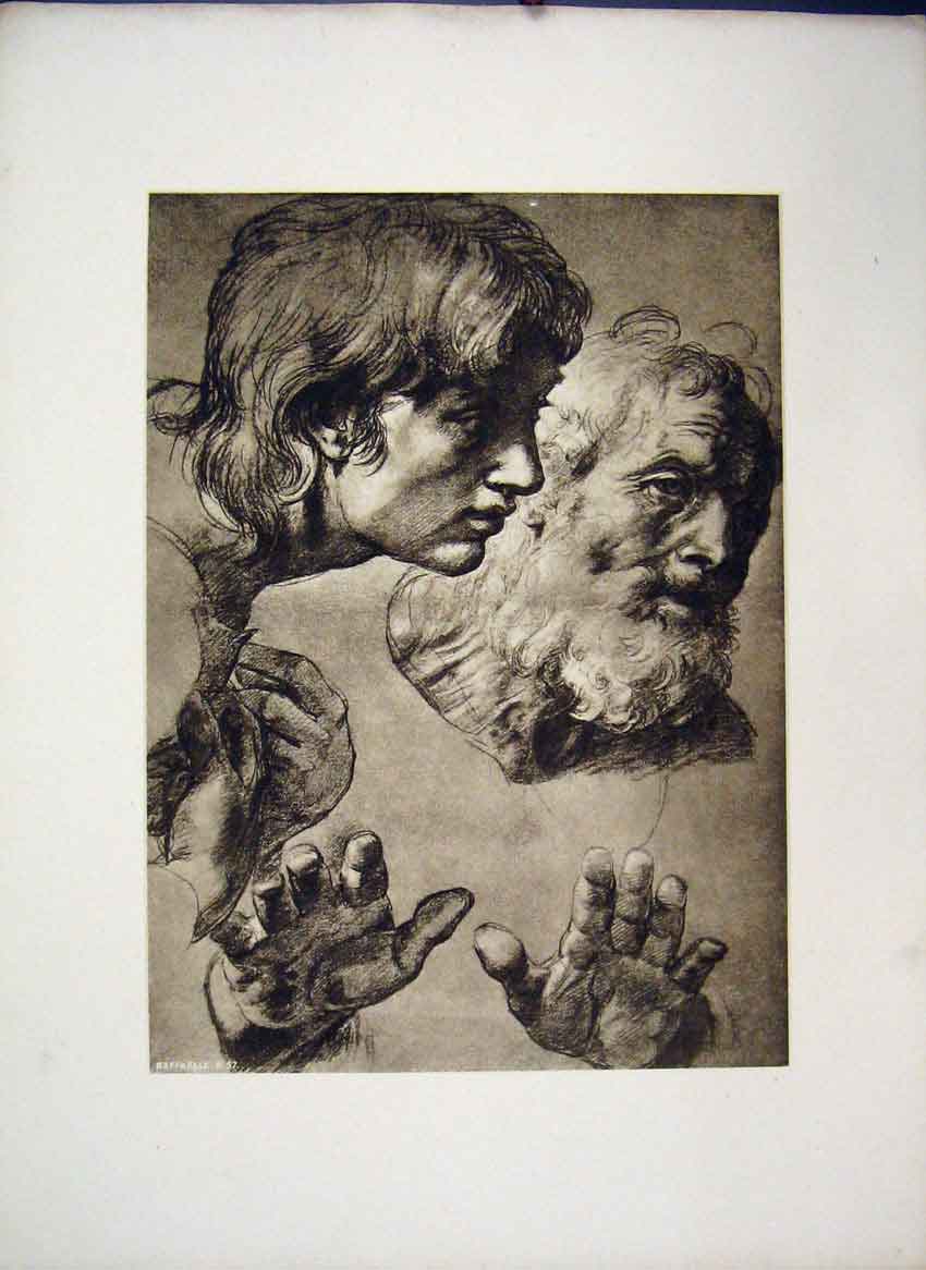 Old Antique Print Raffaelle C1875 Grand Masters Etchings Man Faces Hands 19th