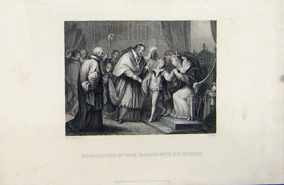 Original Old Antique Print Scene Edward Duke York Parting Mother Queen C1880